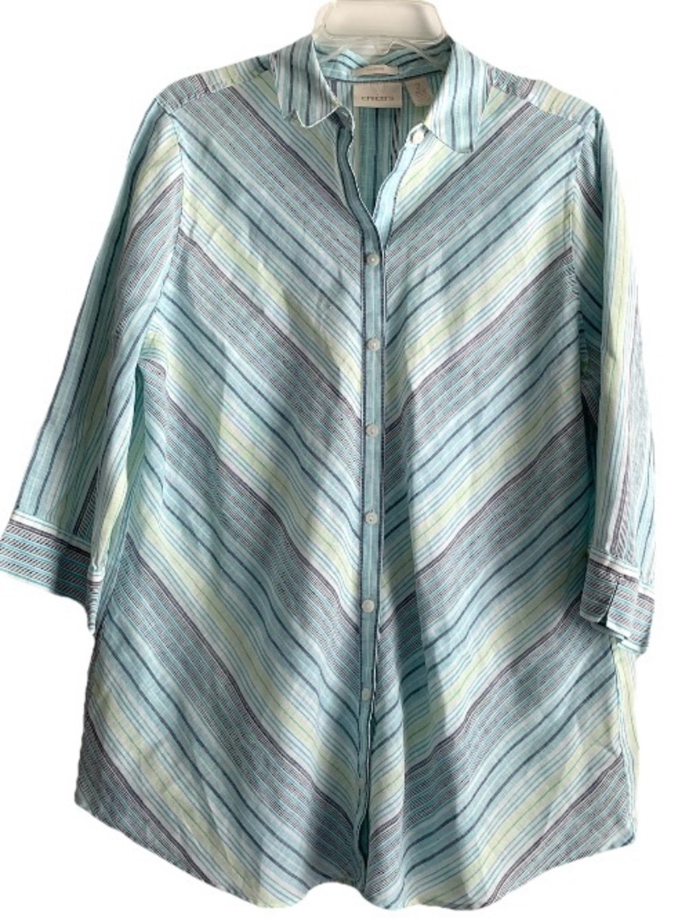 Linen Top Chico’s Sz 2 L 12 Coastal Blue Stripe Tunic No-Iron 3/4 Sleeves